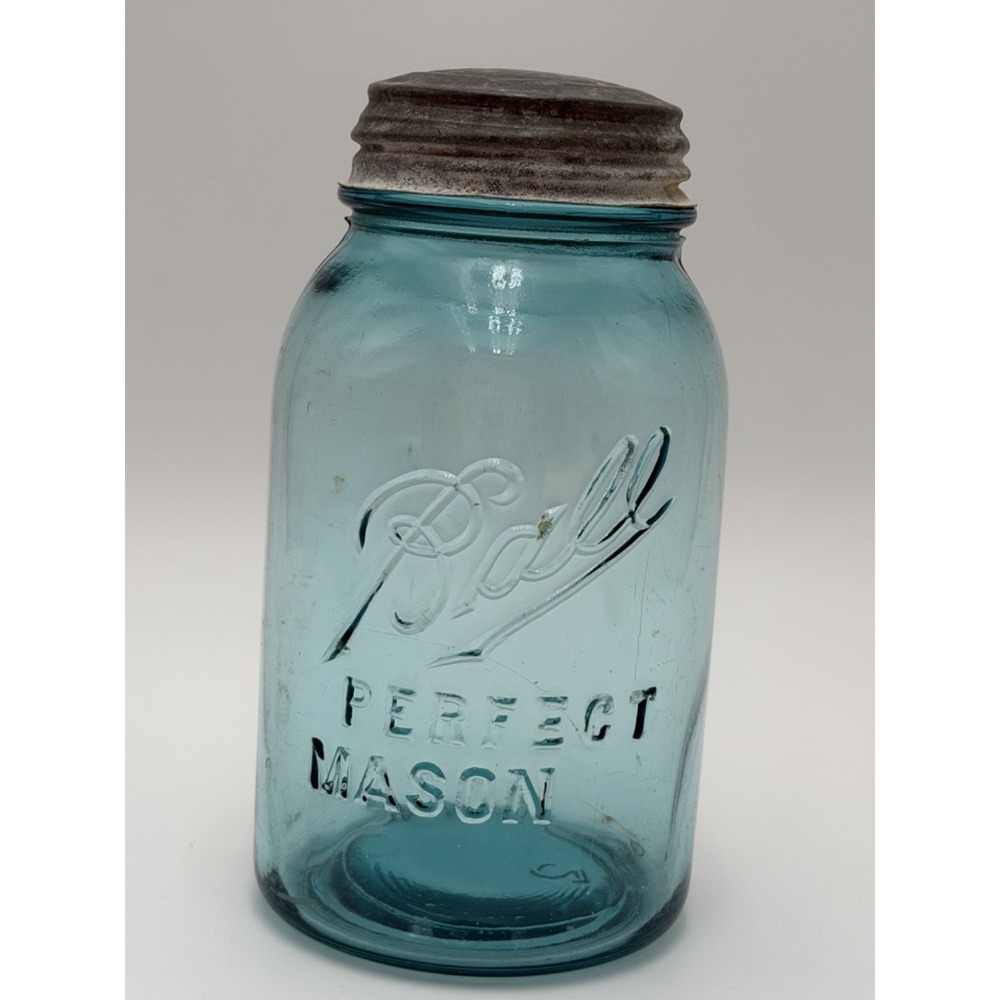 Ball Jar Perfect Mason Off Center #2 RARE 1910-1923 Vintage Blue W/ Zinc Lid